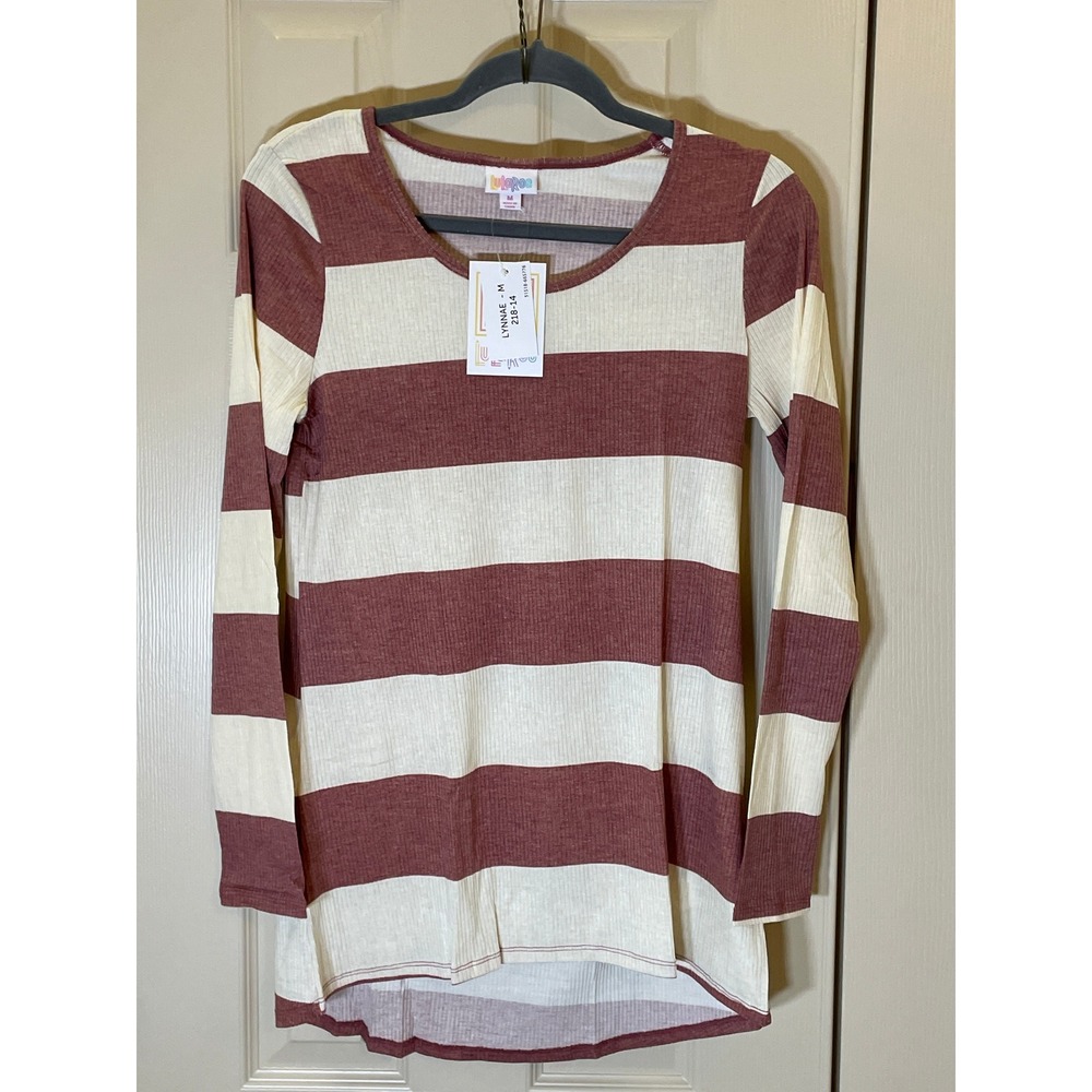 LuLaRoe‎ Lynnae Top Women Medium Burgundy Cream NWT Striped Long Sleeve